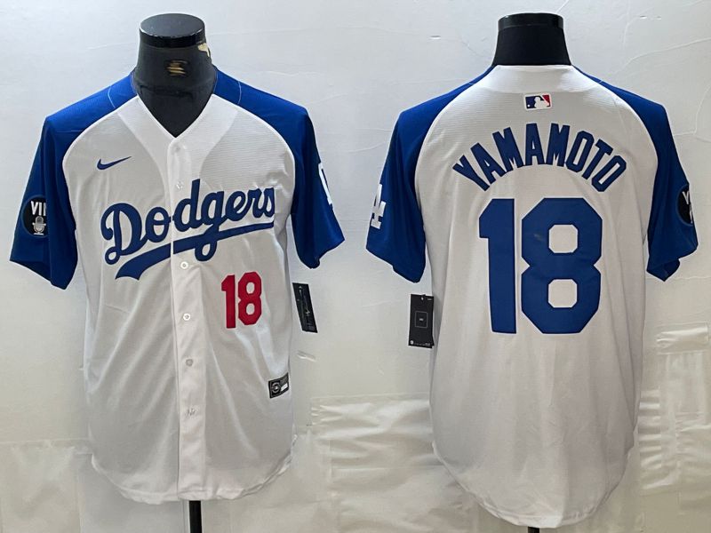 Men Los Angeles Dodgers 18 Yamamoto White blue Fashion Nike Game MLB Jersey style 7